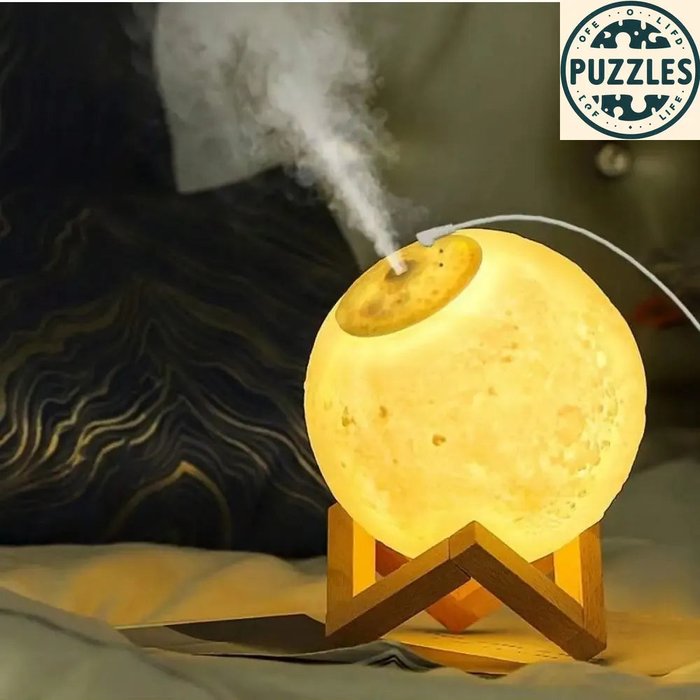 3D Moon Lamp Humidifier With Wooden Base 3 LED Night Lighting - Puzolife - Puzzles of Life