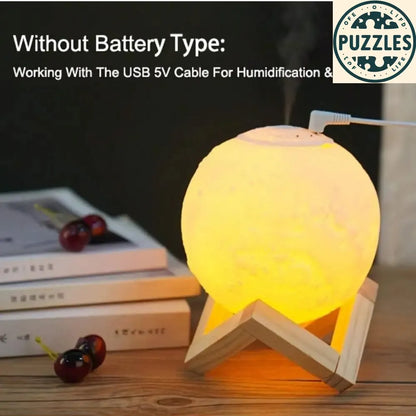 3D Moon Lamp Humidifier With Wooden Base 3 LED Night Lighting - Puzolife - Puzzles of Life