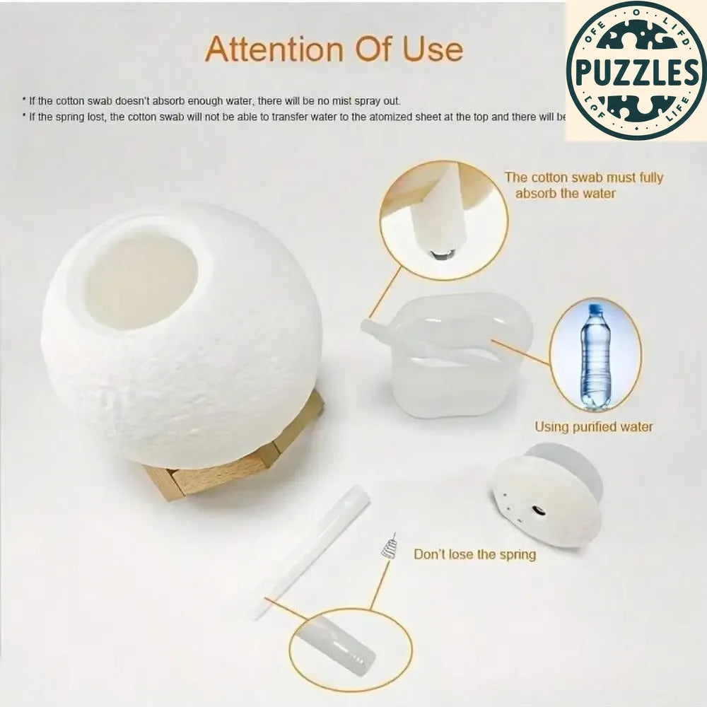 3D Moon Lamp Humidifier With Wooden Base 3 LED Night Lighting - Puzolife - Puzzles of Life