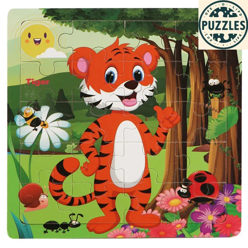 20-Piece 3D Wooden Jigsaw Puzzle – Cartoon Animal & Vehicle - Puzzles