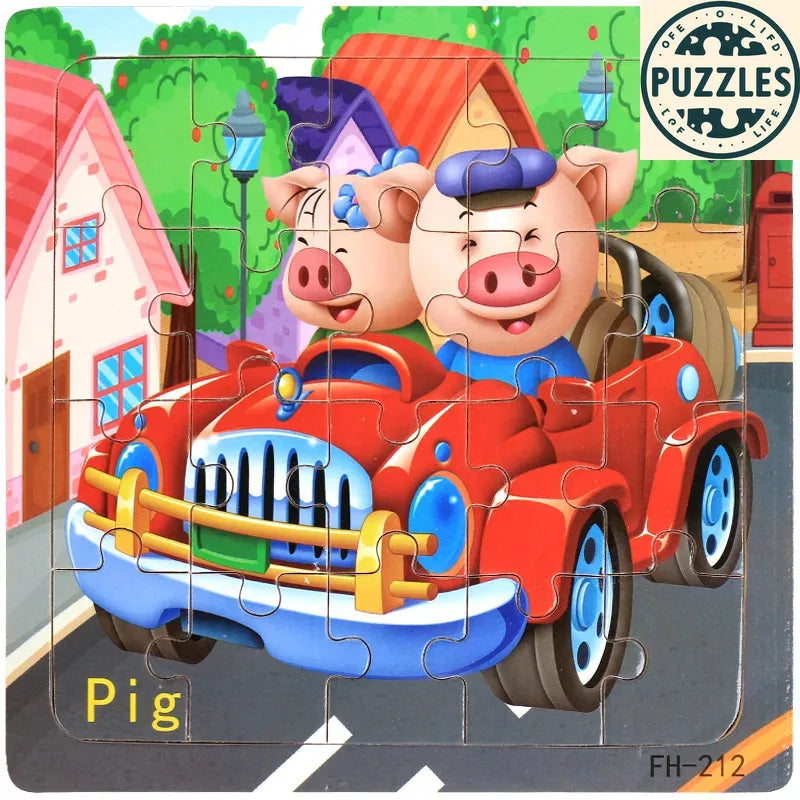 20-Piece Wooden Puzzle – Cartoon Animals, Cars & Numbers - Puzzles