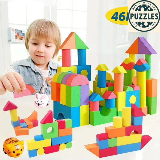 46-Piece Soft EVA Building Blocks – Large Stackable Set - Puzzles