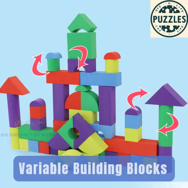 46-Piece Soft EVA Building Blocks – Large Stackable Set - Puzzles