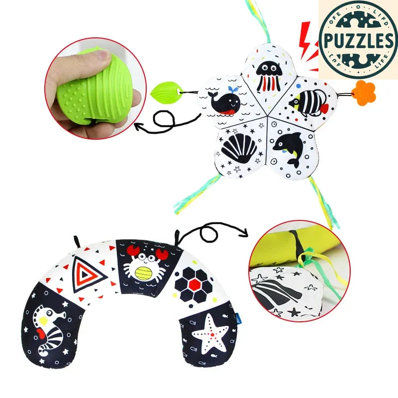 Baby Tummy Time Pillow - Montessori Black & White Sensory Toy for Newborns (0-6 Months) - Puzolife - Puzzles of Life