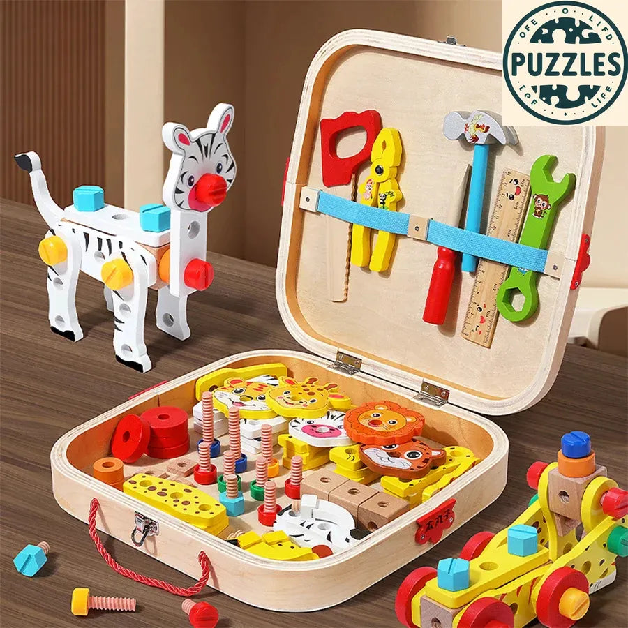 Children’s Wooden Toolbox – Montessori Nuts & Screws Repair Set - Puzzles