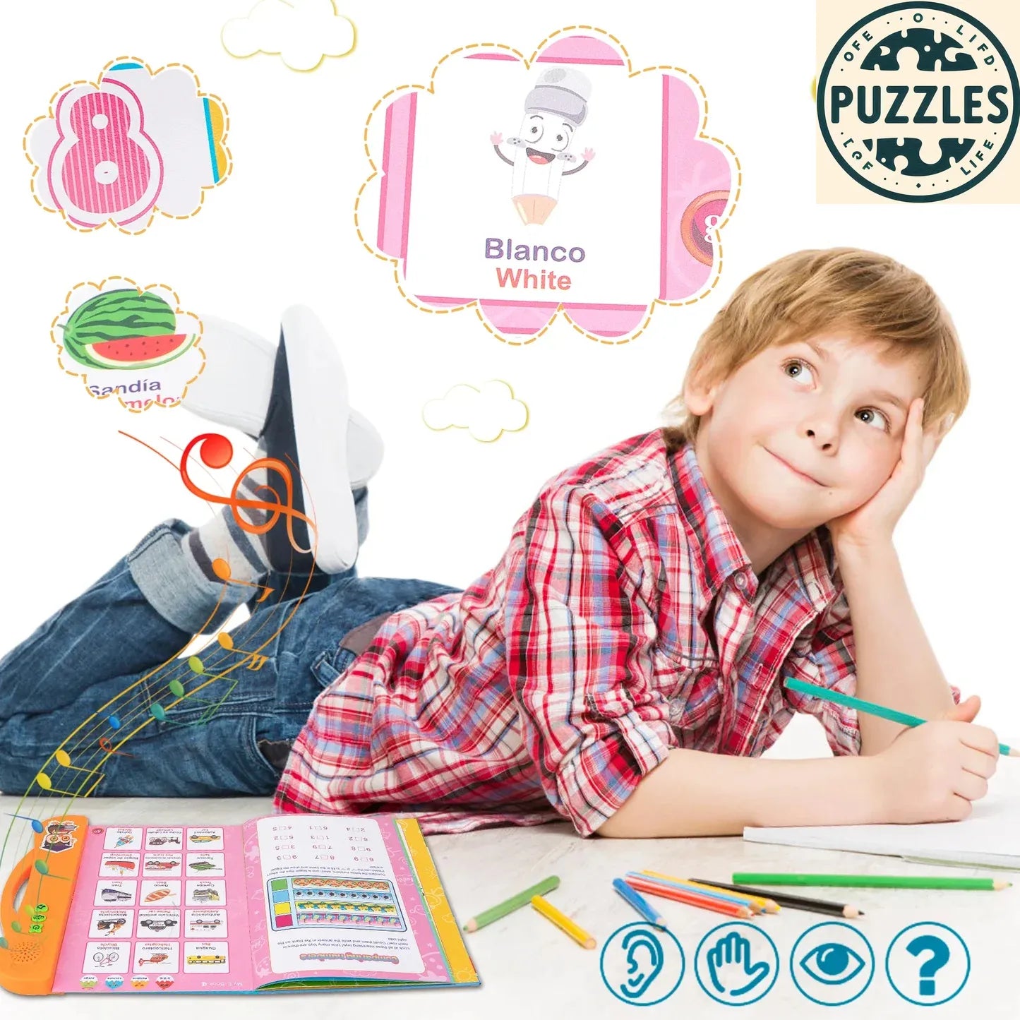 English Spanish Bilingual Learning Book for Kids - Puzzles