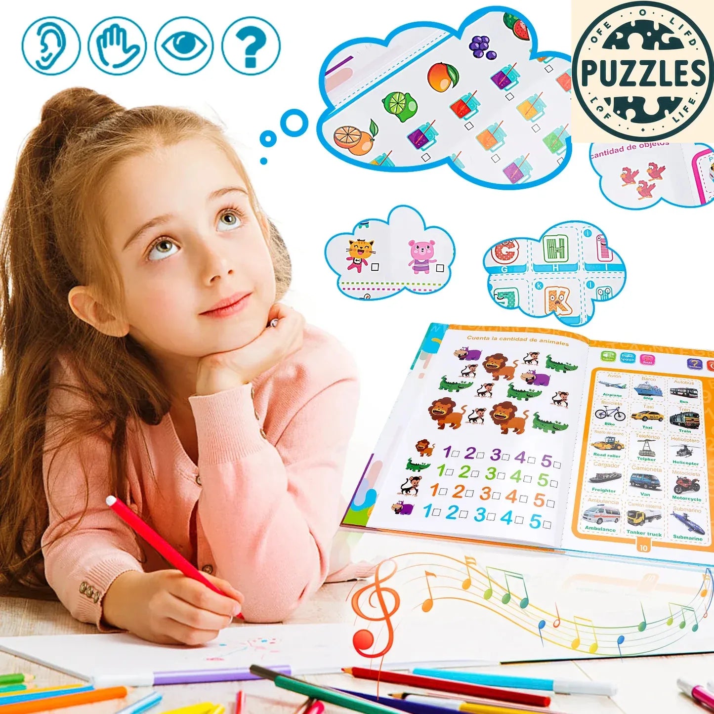 English Spanish Bilingual Learning Book for Kids - Puzzles