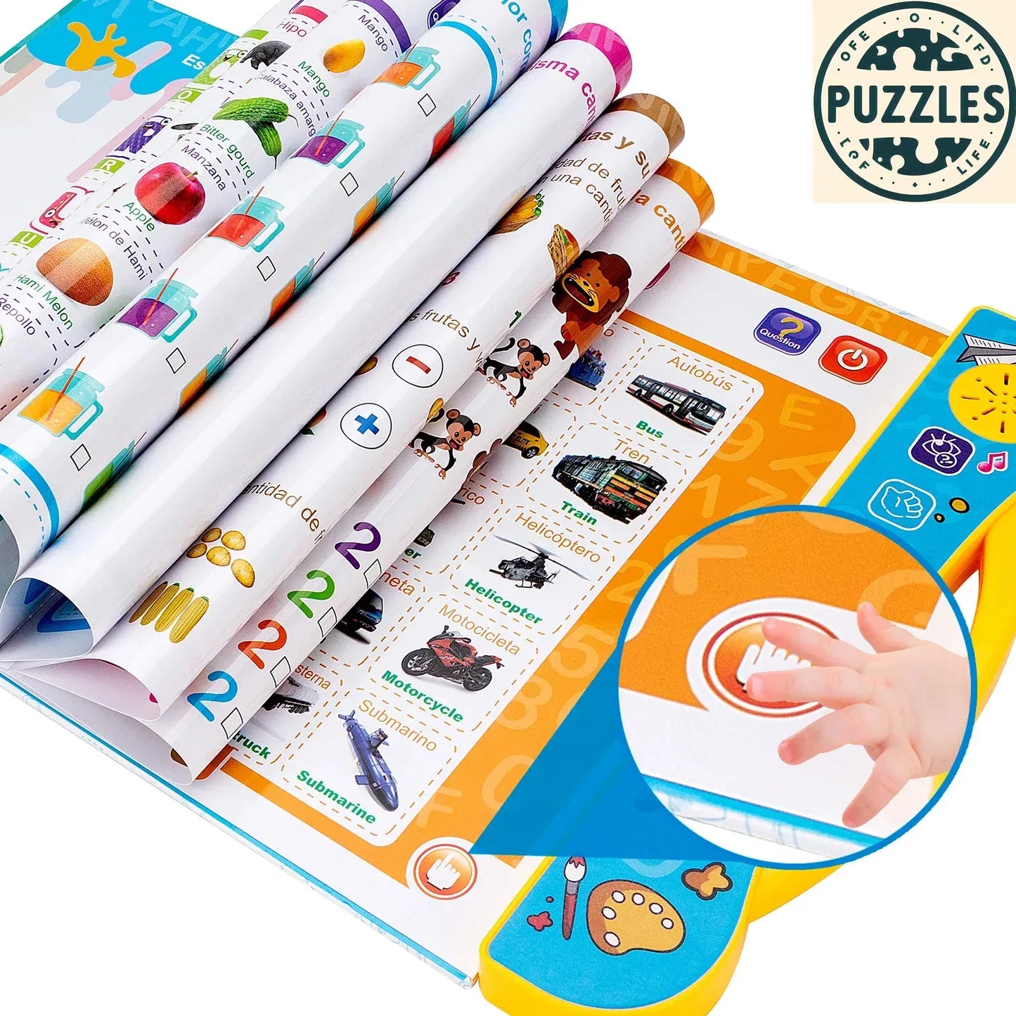 English Spanish Bilingual Learning Book for Kids - Puzzles