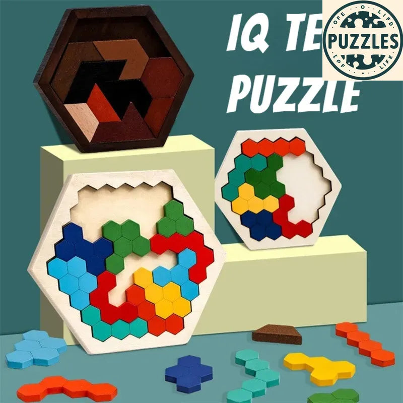 Hexagonal Wooden Puzzle – IQ Brain Teaser for Kids - Puzzles