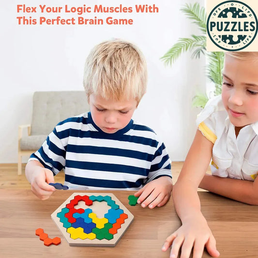 Hexagonal Wooden Puzzle – IQ Brain Teaser for Kids - Puzolife - Puzzles of Life