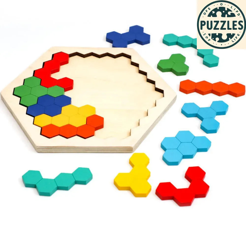 Hexagonal Wooden Puzzle – IQ Brain Teaser for Kids - Puzzles