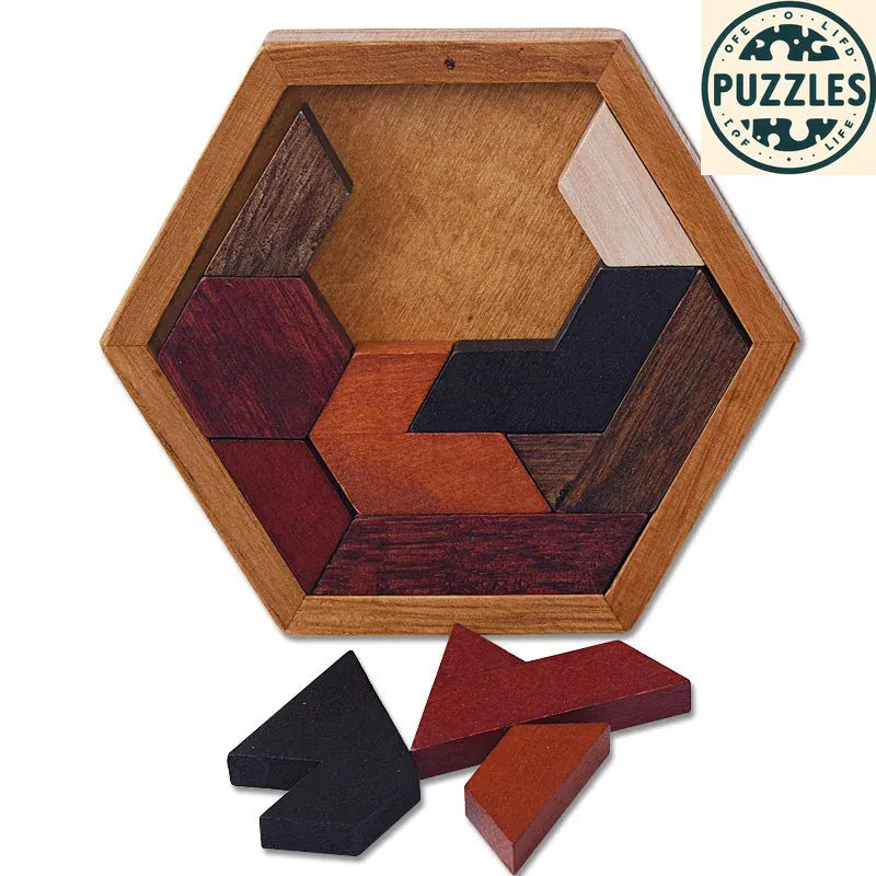 Hexagonal Wooden Puzzle – IQ Brain Teaser for Kids - Puzzles