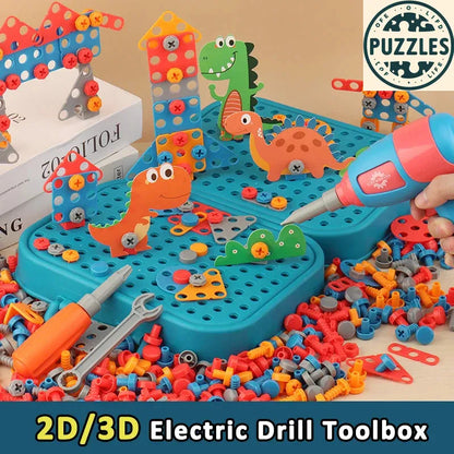 Kids Electric Drill Toolbox – 3D Assembly & Pretend Play Set - Puzzles