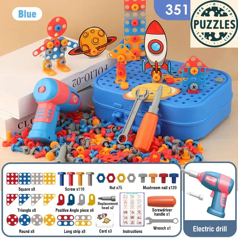 Kids Electric Drill Toolbox – 3D Assembly & Pretend Play Set - Puzzles