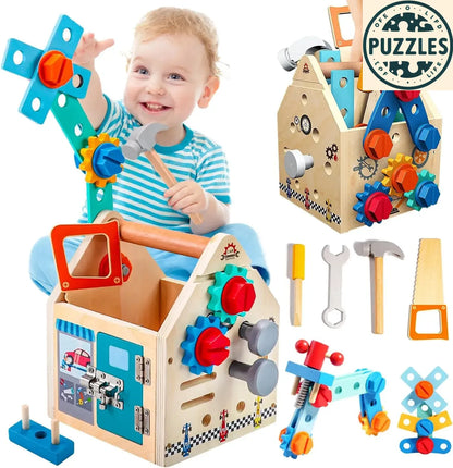 Kids Wooden Toolbox Set – Simulated Repair & Assembly Tools - Puzzles