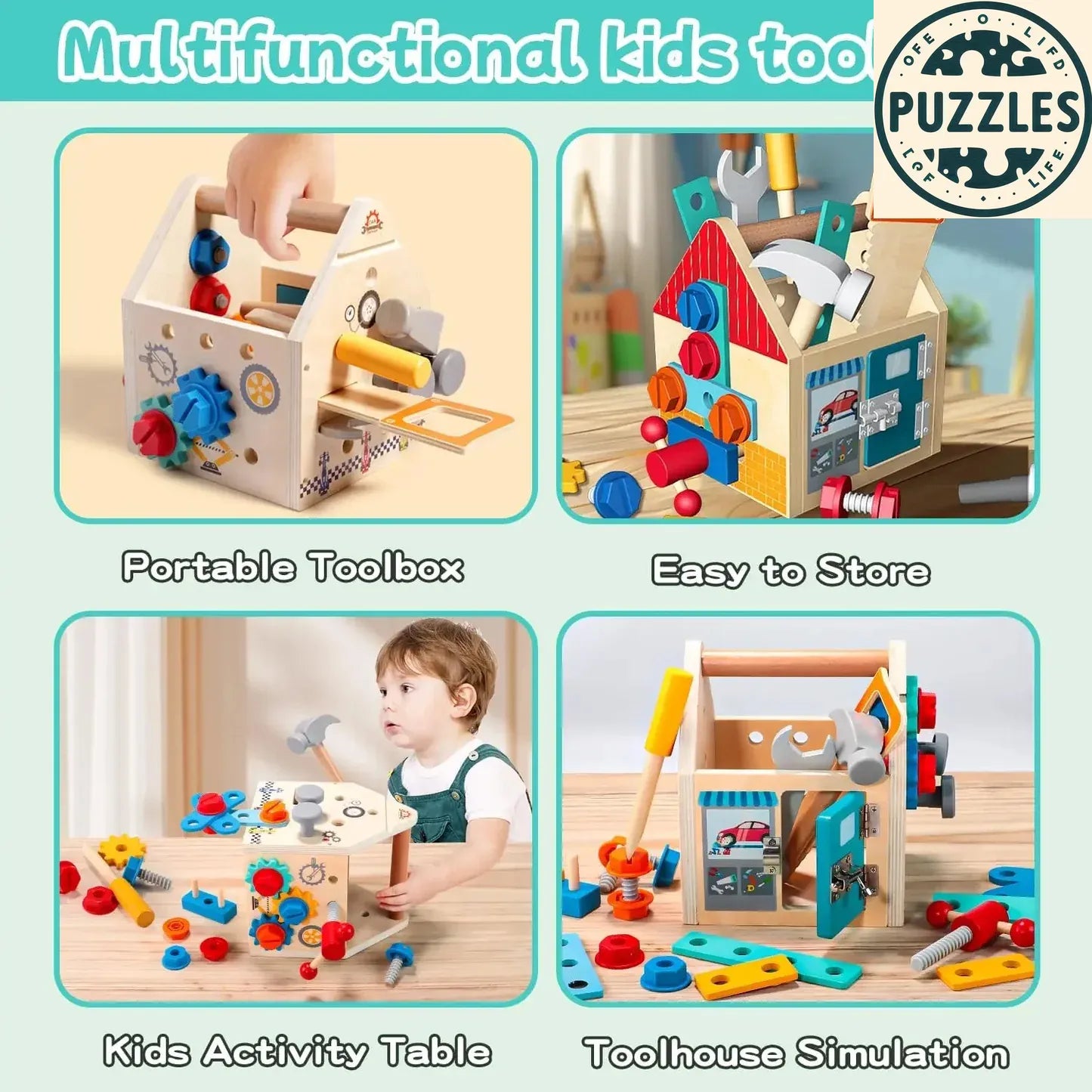 Kids Wooden Toolbox Set – Simulated Repair & Assembly Tools - Puzzles