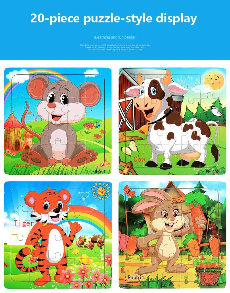 20-Piece Wooden Puzzle – Cartoon Animals, Cars & Numbers - Puzzles