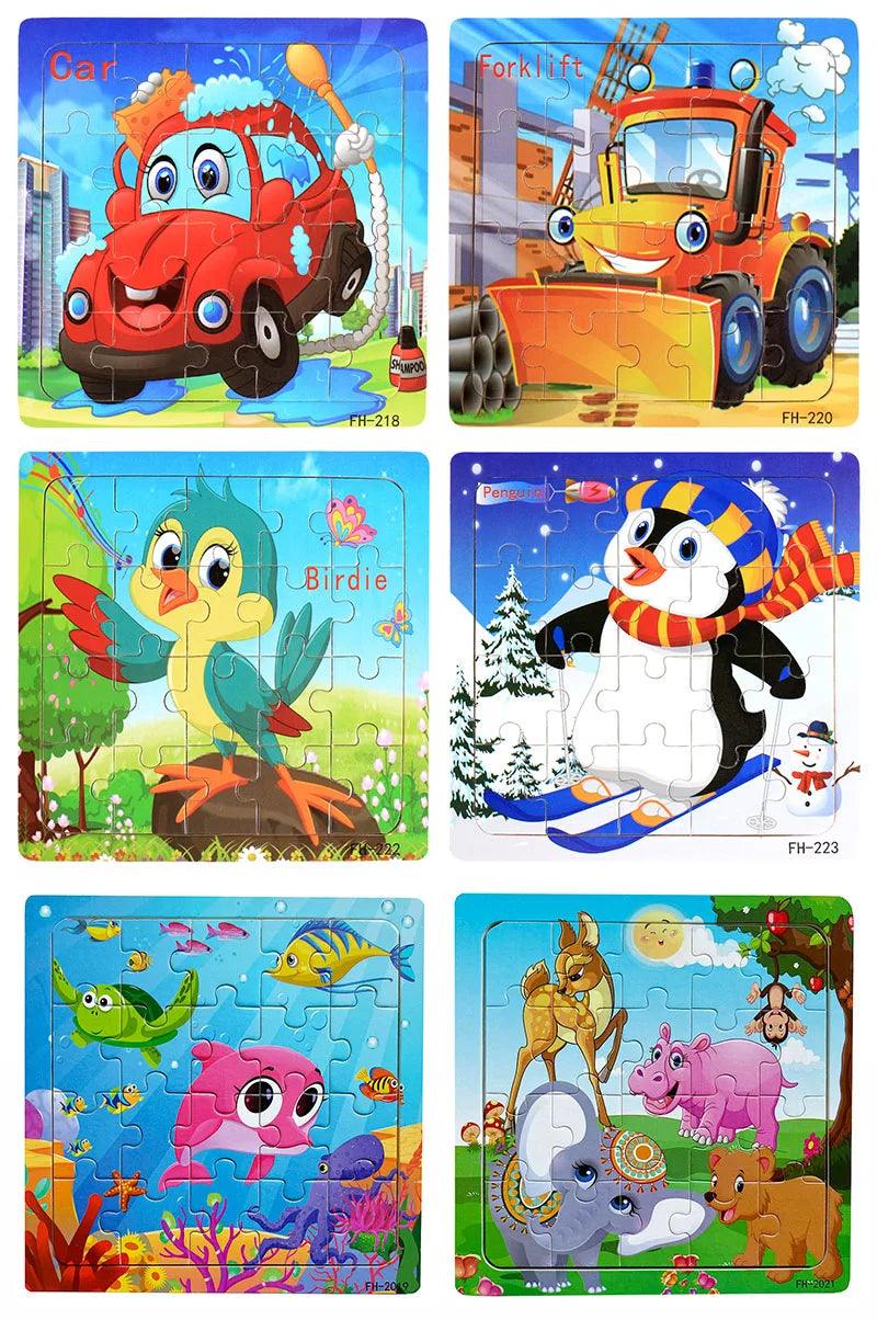 20-Piece Wooden Puzzle – Cartoon Animals, Cars & Numbers - Puzzles