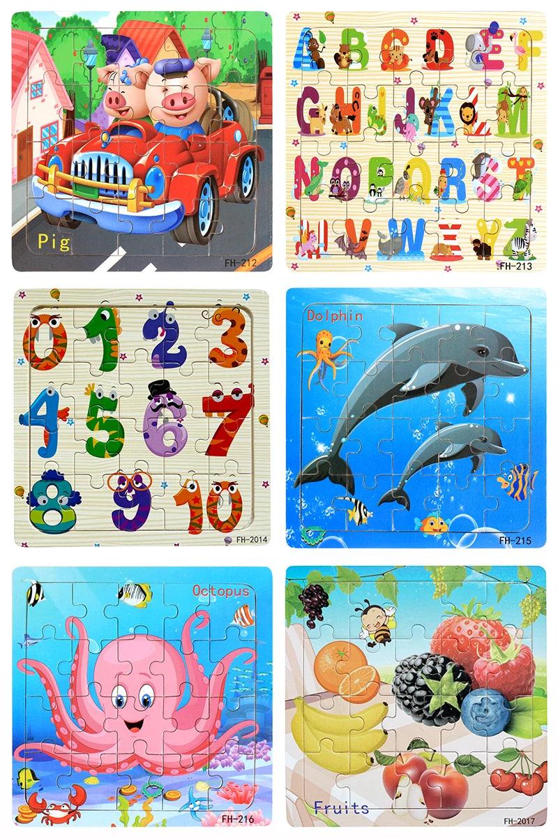 20-Piece Wooden Puzzle – Cartoon Animals, Cars & Numbers - Puzzles