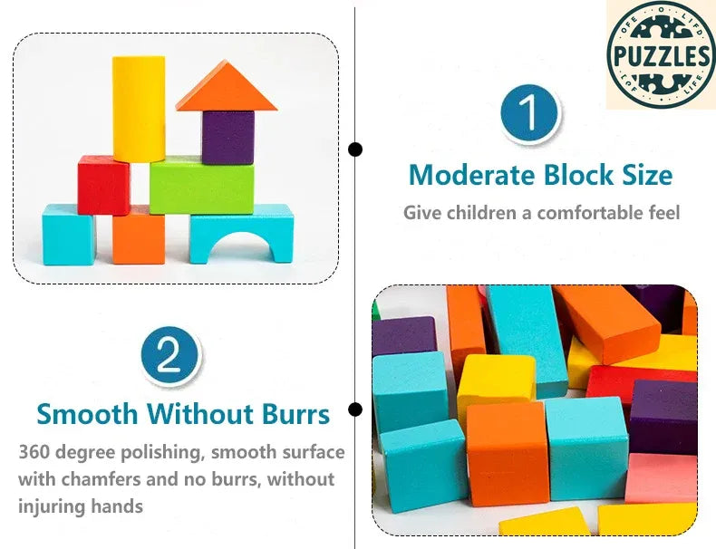 Wooden Building Blocks Set – Classic Toy with Storage Bag - Puzzles