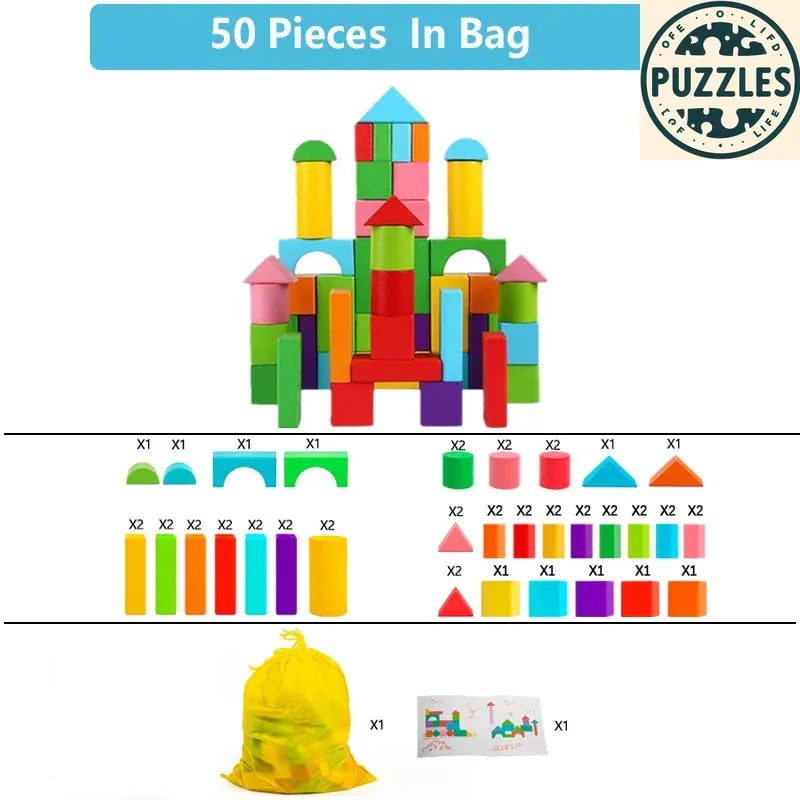 Wooden Building Blocks Set – Classic Toy with Storage Bag - Puzzles