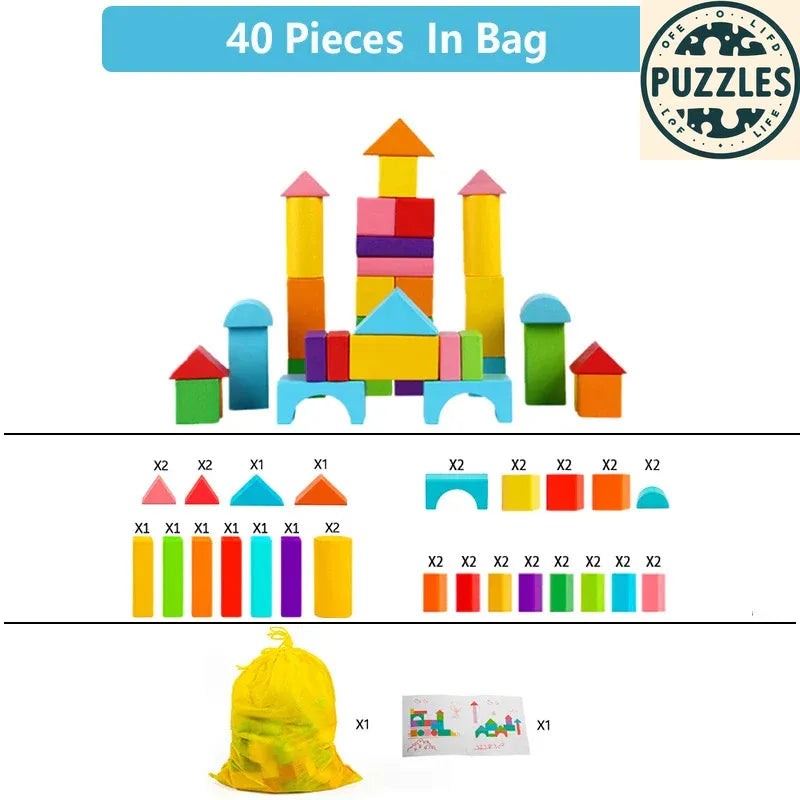 Wooden Building Blocks Set – Classic Toy with Storage Bag - Puzzles