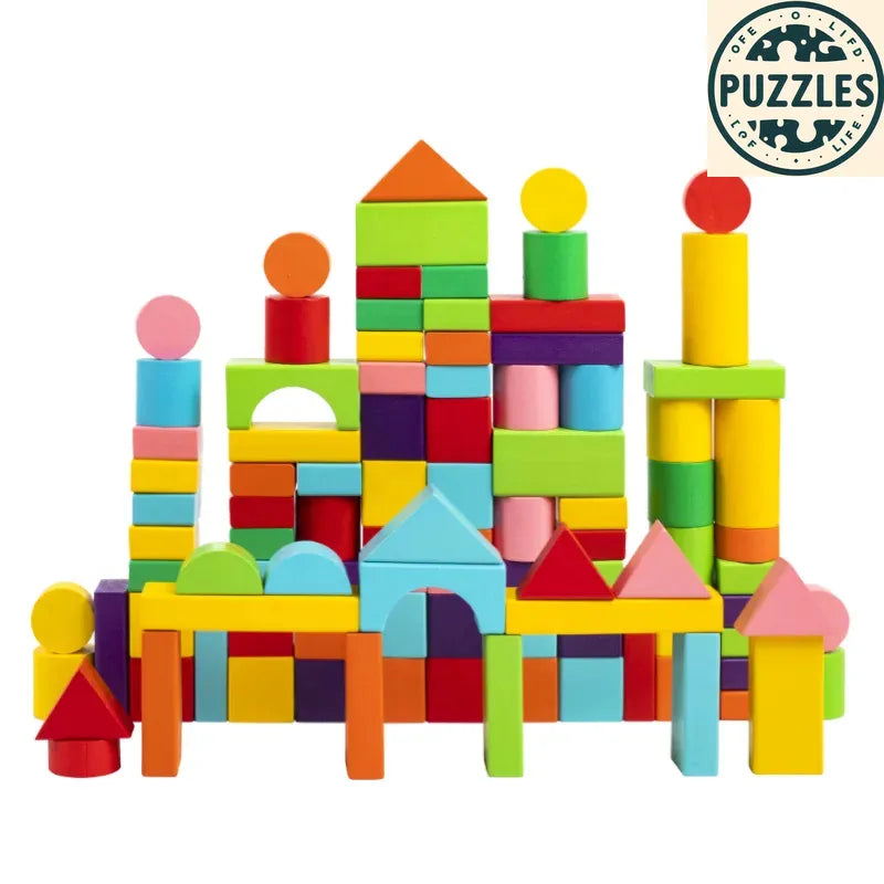 Wooden Building Blocks Set – Classic Toy with Storage Bag - Puzzles