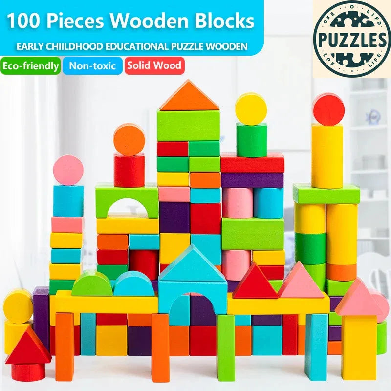 Wooden Building Blocks Set – Classic Toy with Storage Bag - Puzzles