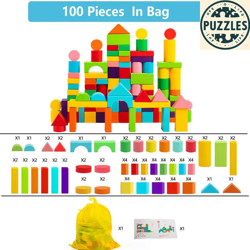 Wooden Building Blocks Set – Classic Toy with Storage Bag - Puzzles